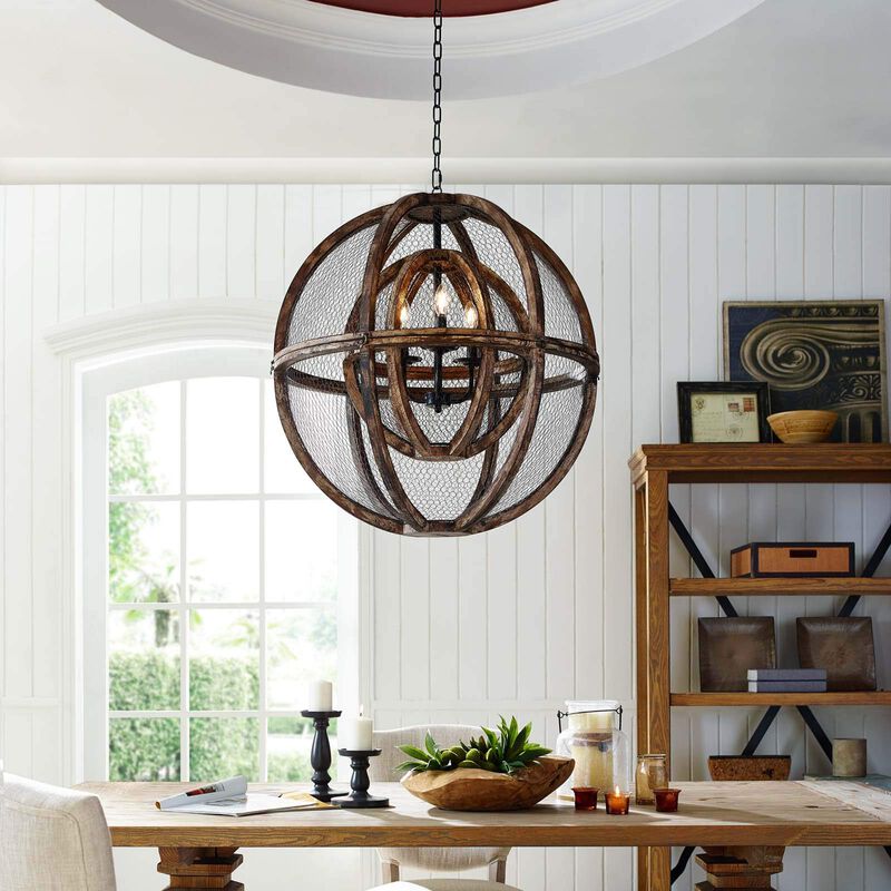 Modway Gravitate Rustic Oak Wood Globe Pendant Light Chandelier image number 4