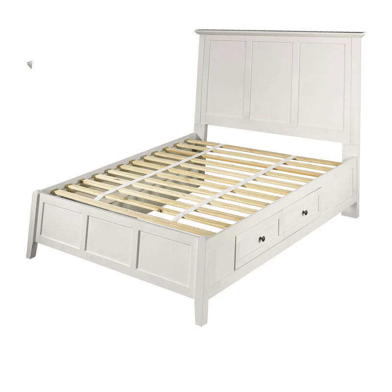 Neo Solid Mahogany Wood Panel Queen Bed, Storage, Beveled Trim Top, White