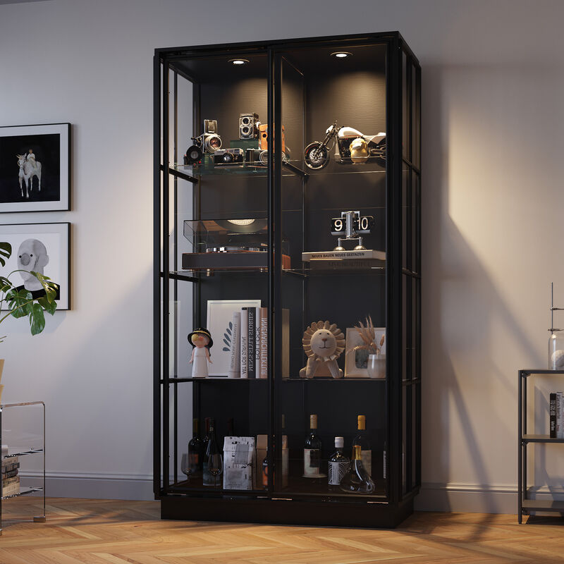FUFU&GAGA Black Modern Bookshelf Tall Bookcase with 2 Glass Doors, Built-in Spotlights & Shelves for Office (39.4"W x 19.7"D x 75.2"H) image number 3