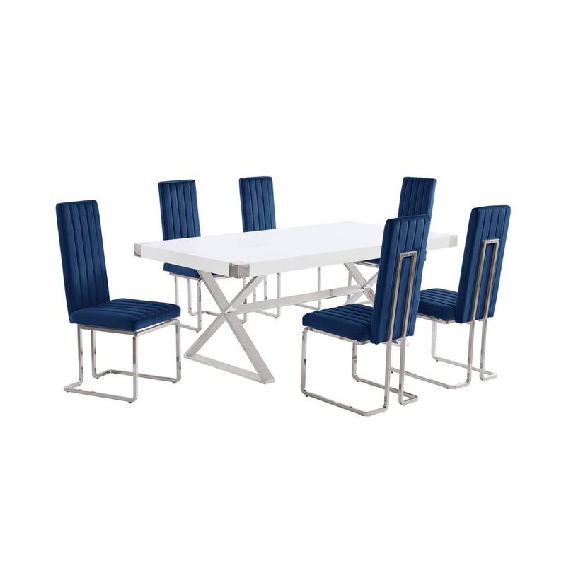 Best Quality Furniture 7pc Small(78) white wood top dining set with silver base and 6 Navy side chiars