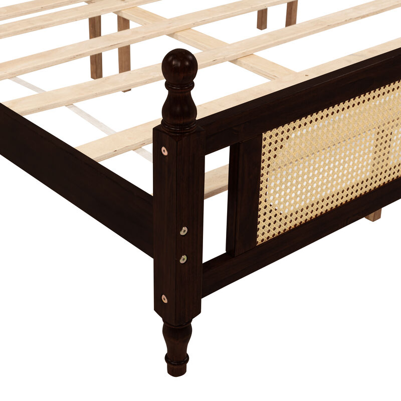 Whisen King Pine Wooden Bed with Rattan Headboard and Footboard, with Central Enhanced Bed Platform image number 6