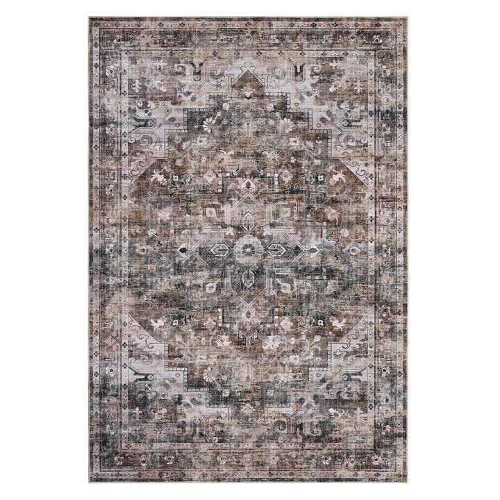 8x10 FT Area Rug Machine Washable Rug for Living Room Vintage Medallion Distressed Indoor Non Slip Low Pile Traditional Medallion Border Rugs with Stain Resistant