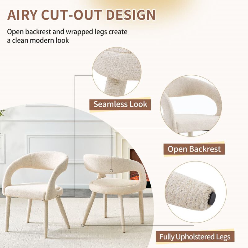 Set of 2 dining chairs, sherpa upholstered open back dining chairs with hollow back, modern metal frame accent chairs for dining room image number 6