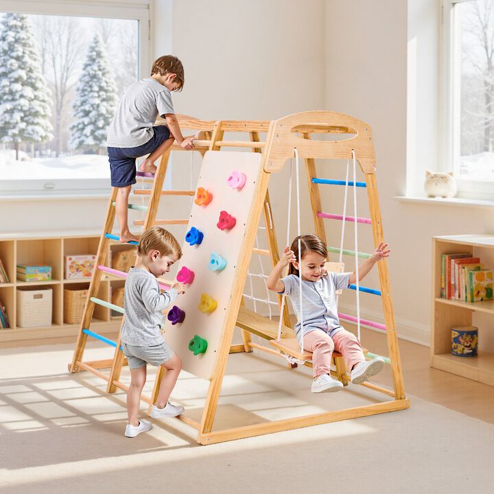 Wooden Indoor Playground Set with Monkey Bars Ladder Net and Rock Wall