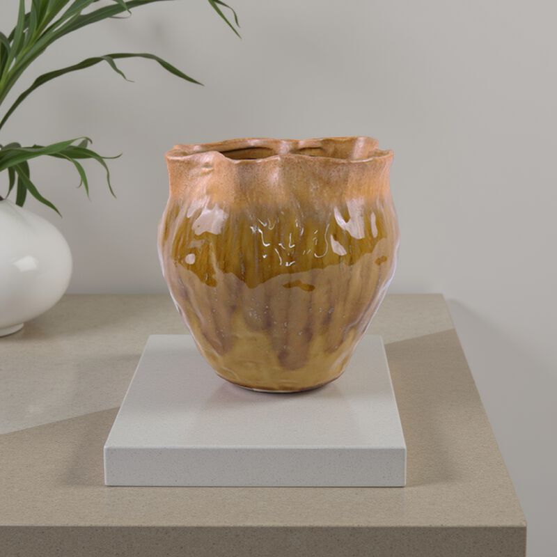 Balie Accent Vase, Brown Ceramic, Irregular Top Edge, Modern 10 Inch - Benzara