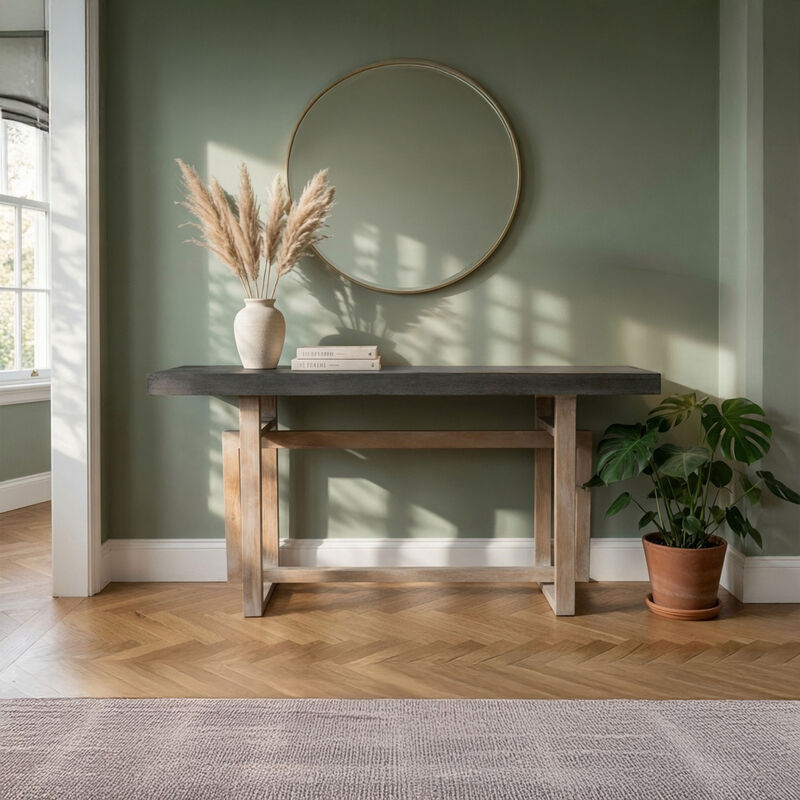 59 Inch Artisan Sideboard Console Table with Geometric Interlocked Base, Distressed Matte Gray image number 5