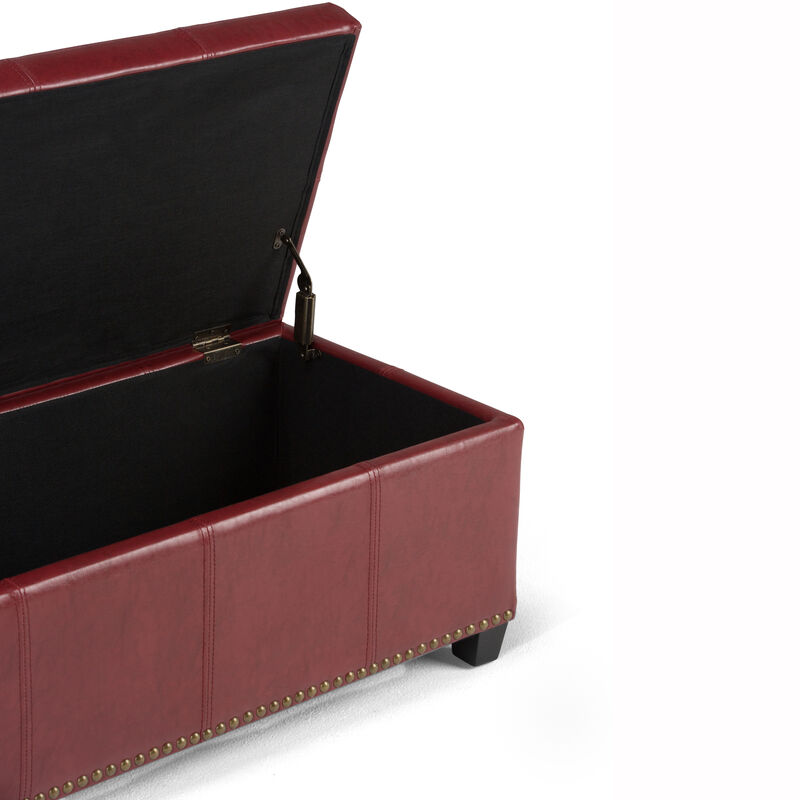 Kingsley 48 inch Wide Transitional Rectangle Large Storage Ottoman in Radicchio Red Vegan Faux Leather, Assembled