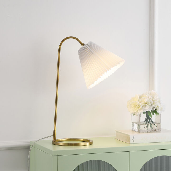 Callie 22" Modern Glam Metal Arc Adjustable Head LED Table Lamp with Pleated Shade, Brass Gold/White