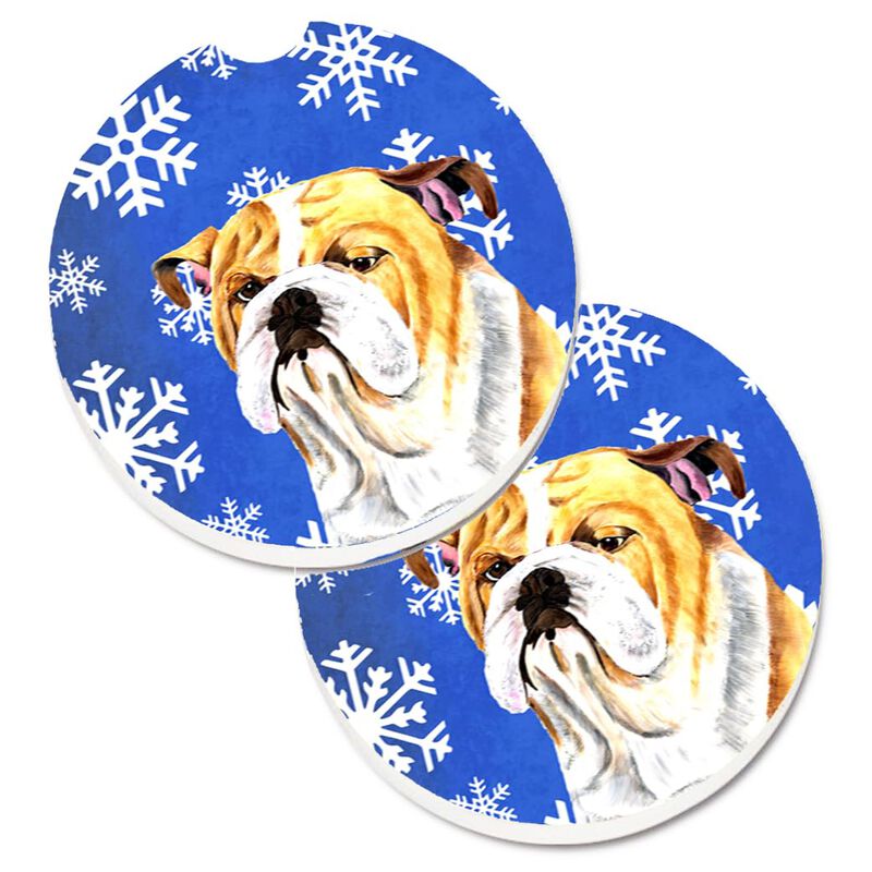 Caroline's Treasures Bulldog English Winter Snowflakes Holiday Set of 2 Cup Holder Car Coasters SC9374CARC, 2.56, Multicolor image number 0