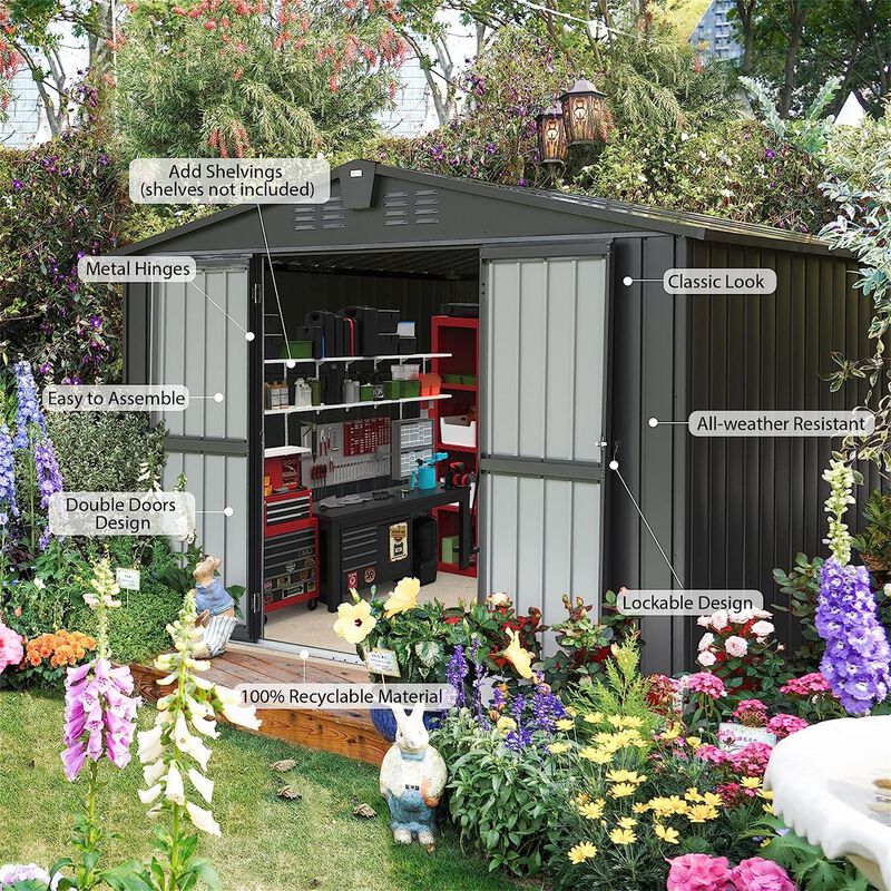 CLIHOME 10x8Ft Outdoor Metal Storage Shed,Patio Galvanized Steel Outdoor Storage Cabinet with Lock image number 2