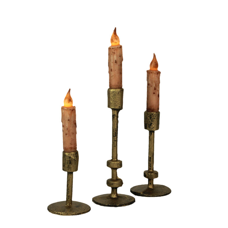 Set of 3 Aged Bronze Cast Iron Taper Candle Holders MCM, Gothic Industrial Decor image number 4