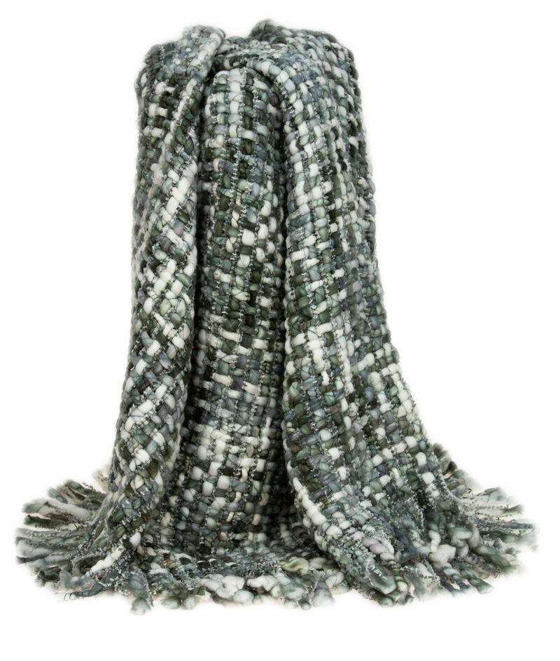 HomeRoots Green and White Knitted Cotton Blend Abstract Throw Blanket with Fringe image number 2