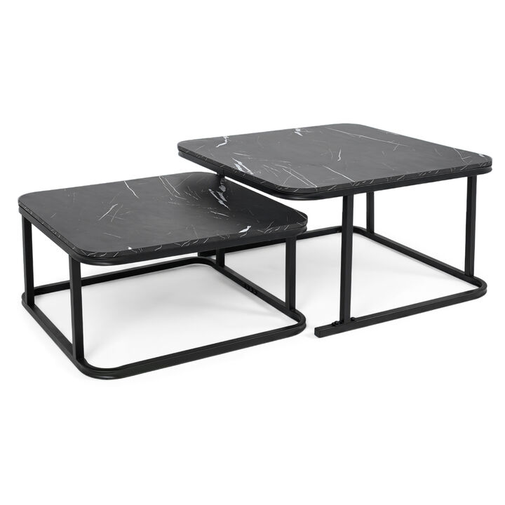Modern Nesting Coffee Table Set with Faux Marble Surface and Metal Frame