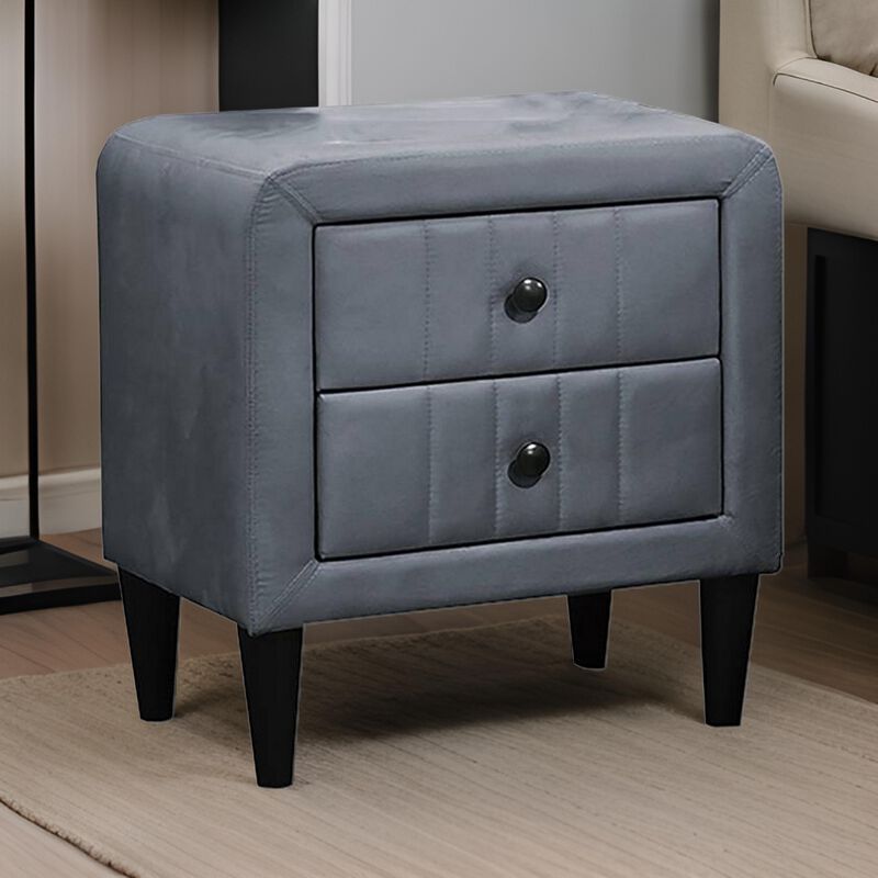 Rheo Nightstand, 2 Drawers, 22 Inch Upholstered in Dark Gray Velvet - Benzara