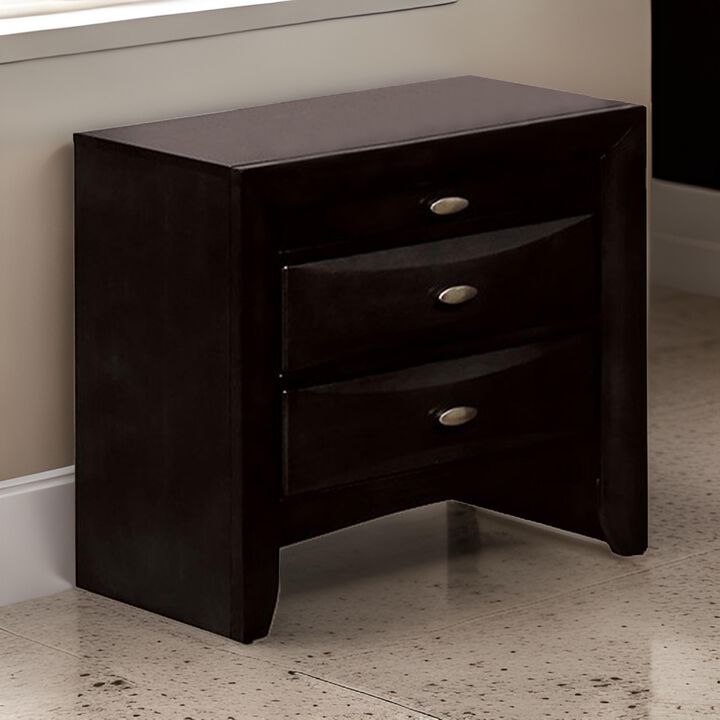 Simo Nightstand, Spacious Top, Metal Knobs, 3 Drawers, Black Solid Wood - Benzara