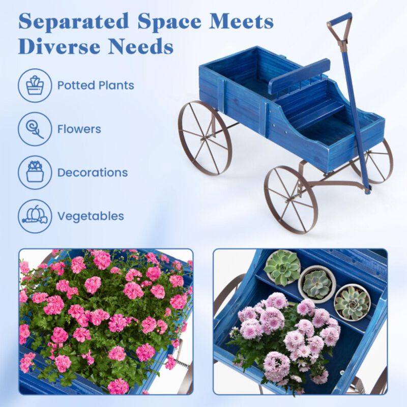 Hivvago Wooden Wagon Plant Bed with Metal Wheels for Garden Yard Patio