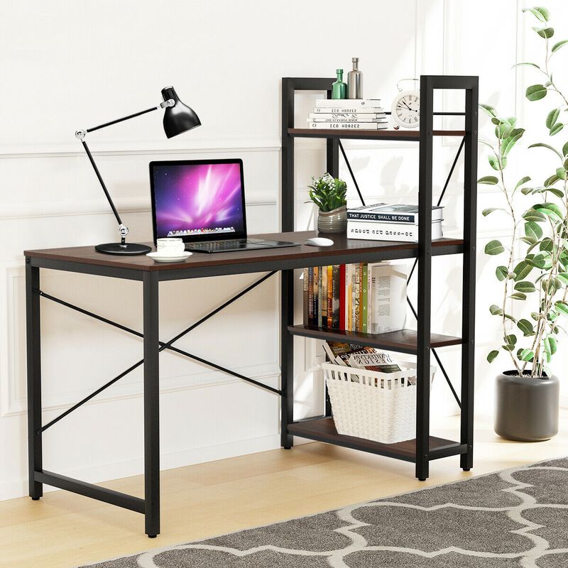 Writing Study Computer Desk with 4-Tier Shelves