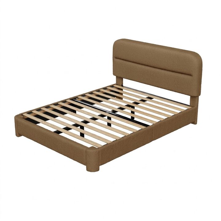 Vipbear Upholstered Boucle Platform Bed Frame with Adjustable Wide Headboard, Wooden Slats, Coffee