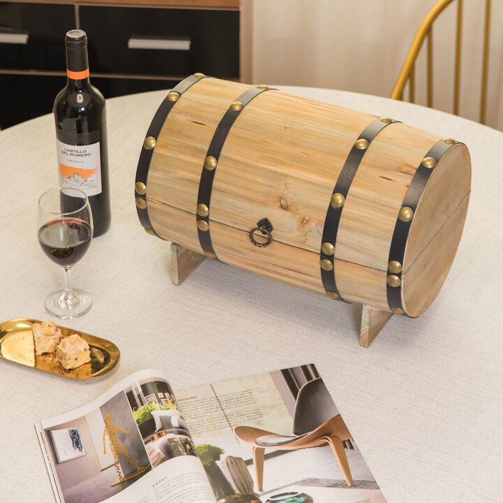 Wooden Wine Barrel Shaped Treasure Chest Vintage Decorative Wine Holder, Natural