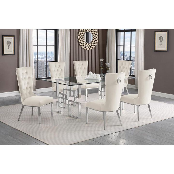 7-piece glam dining set with 6 cream chairs and a 79" long glass dinng table