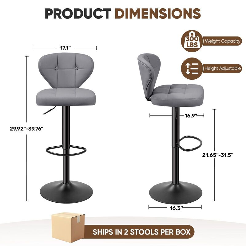 PU Leather Swivel Bar Stools Set of 2, Modern Hydraulic Adjustable Counter Height Stools, Steady Water Resistant Iron Frame 360&deg; Kitchen Island Chairs image number 5