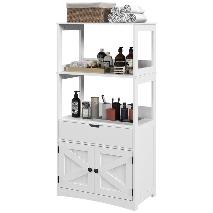 Farmhouse Bathroom Storage Cabinet, Linen Cabinet with Drawer and Shelves, 23.5" x 13" x 48.5", White