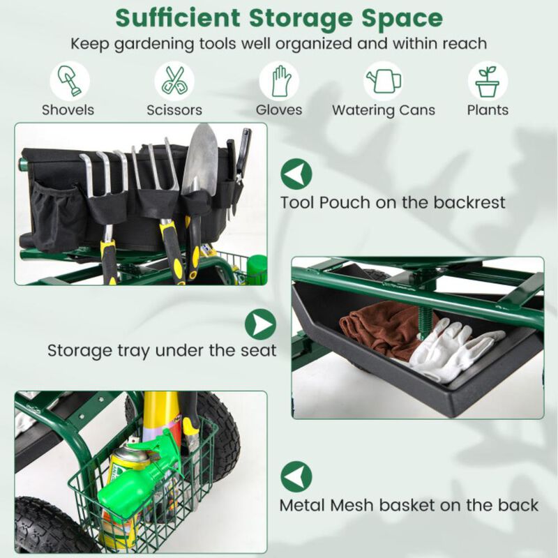 Hivvago Cushioned Rolling Garden Cart Scooter with Storage Basket and Tool Pouch