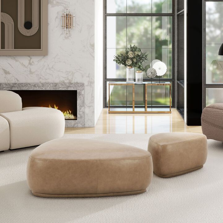 Pebble 44" Rounded Triangle Cocktail Ottoman, Tuscan Tan Brown Top Grain Leather