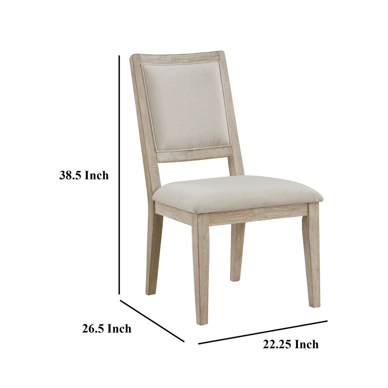 Eva Dining Side Chair Set of 2, Square Back, White Wood, Beige Fabric - Benzara