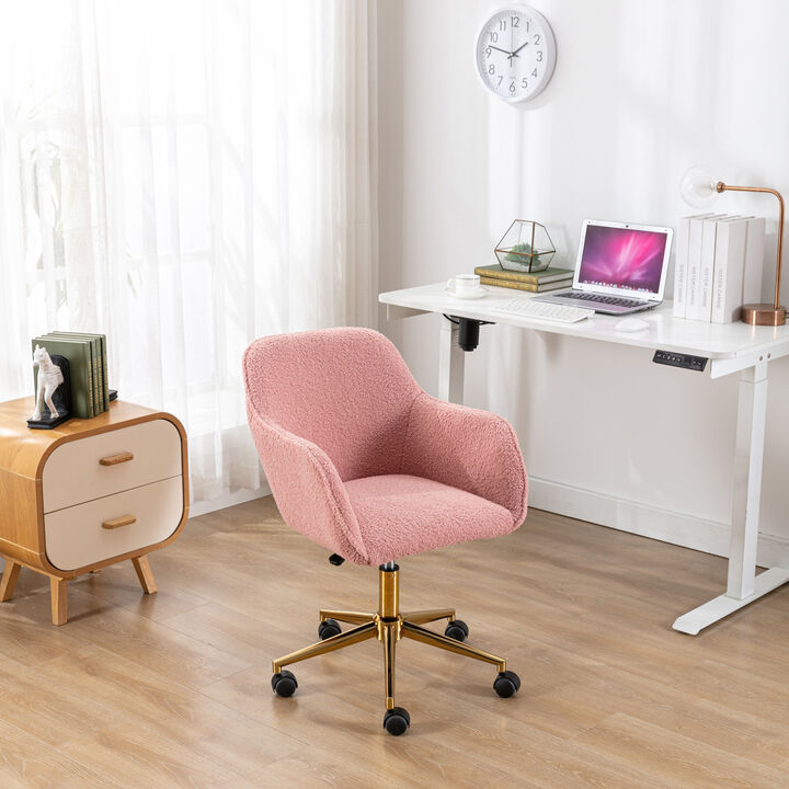Modern Teddy Fabric Material Adjustable Height 360 Revolving Home Office Chair With Gold Metal Legs And Universal Wheel For Indoor,Pink
