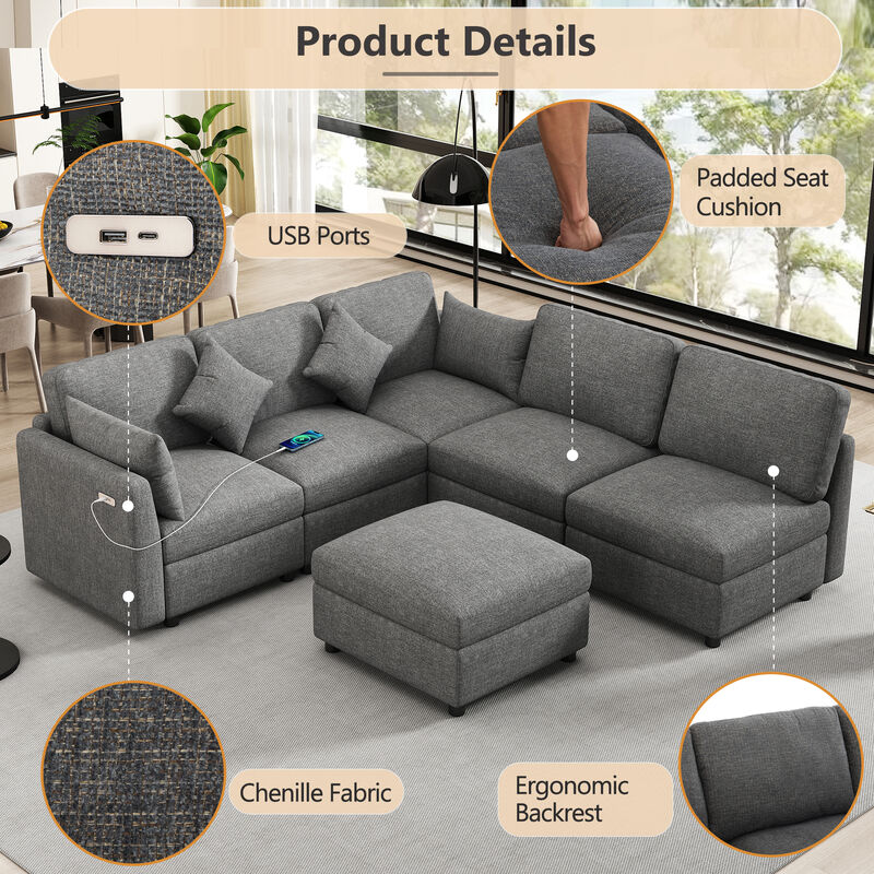 Whisen 86.6" Modular Sectional Sofa, Chenille U-Shaped Couch with Movable Ottoman & USB Ports for Living Room, Apartment image number 3