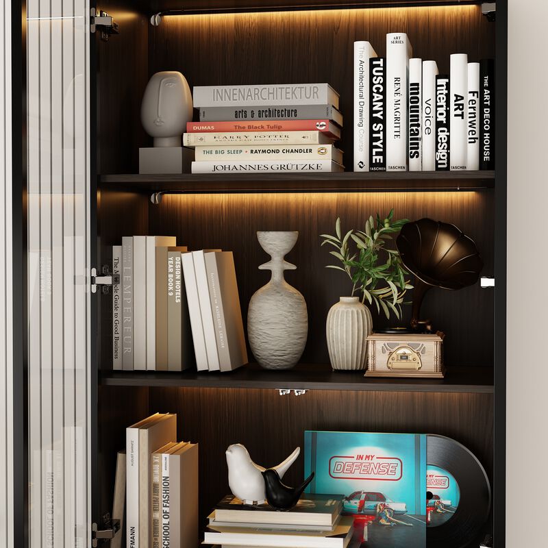 31.5&rdquo;W Display Cabinet Curio Cabinet with Light & Pop-up Glass Doors, Storage Cabinet Bookcase with 5-Tier Shelves & 3 Drawers for Living Room/Home Office, Dark Brown (31.5&rdquo;W x 15.7&rdquo;D x 78.7&rdquo;H)