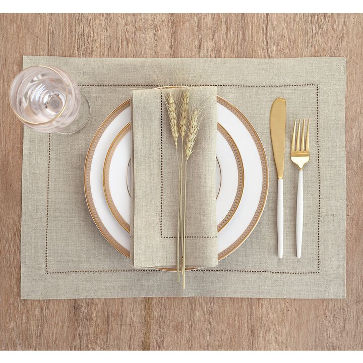 Solino Home 100% Pure Linen Placemats 14 x 19 Inch Set of 4 - Classic Hemstitch