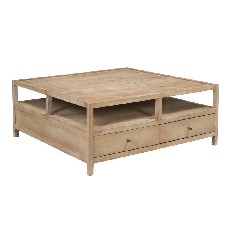 Hika 45 Inch Square Coffee Table, 4 Storage Drawers and Open Shelf, Light Brown Mango Wood image number 3
