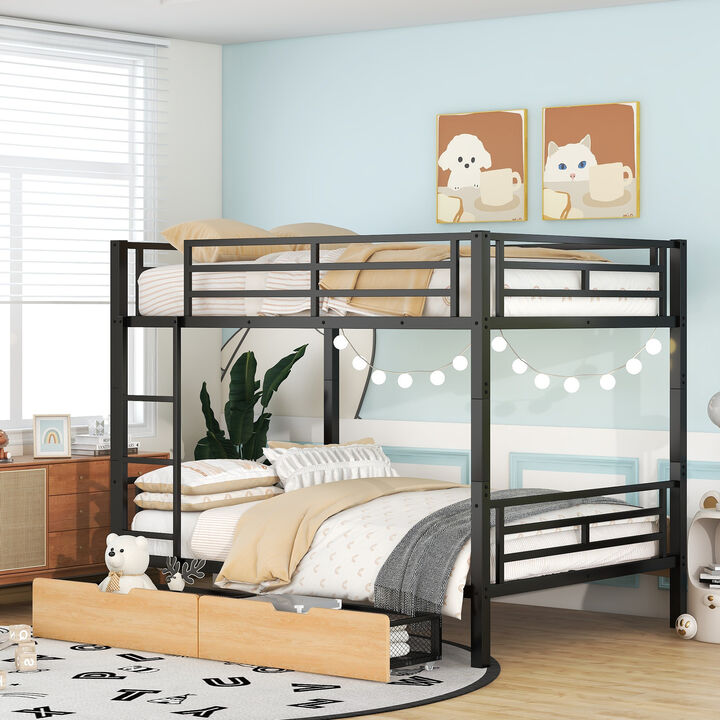 Whisen Metal Full Size Convertible Bunk Bed with 2 Drawers and Ladder - Black
