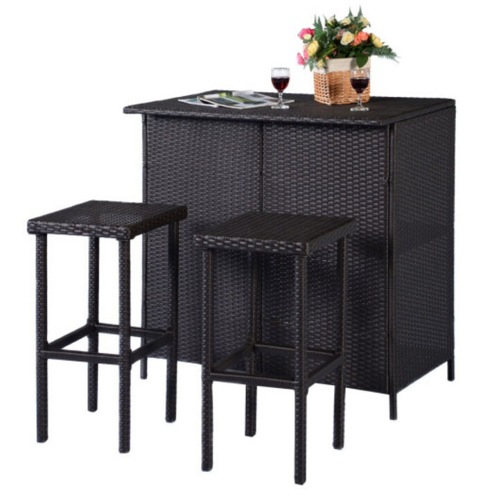 3 pcs Patio Outdoor Rattan Wicker Bar Table and 2 Stools