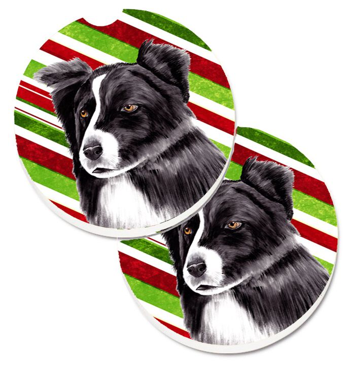 Caroline's Treasures Border Collie Candy Cane Holiday Christmas Set of 2 Cup Holder Car Coasters SC9327CARC, 2.56, Multicolor