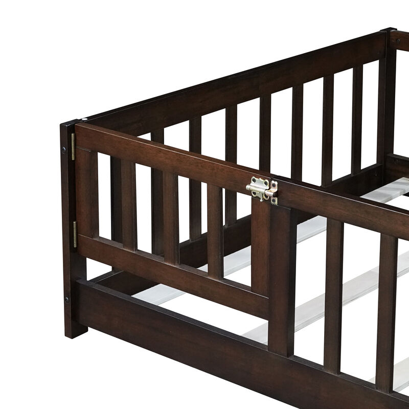 Whisen Twin Size Rubber Wood Floor Bed with Safety Guardrails & Door, Kids Bed image number 7