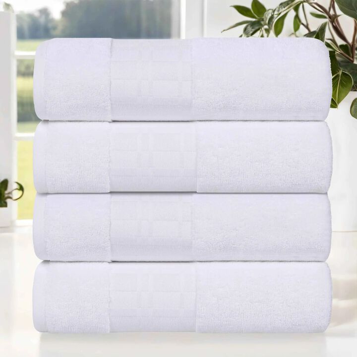4-Piece Cotton Bath Towel Set with Geometric Border Design