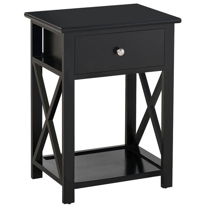 Elegant Bedside Storage: Black X-Frame Wood Nightstand with Drawer