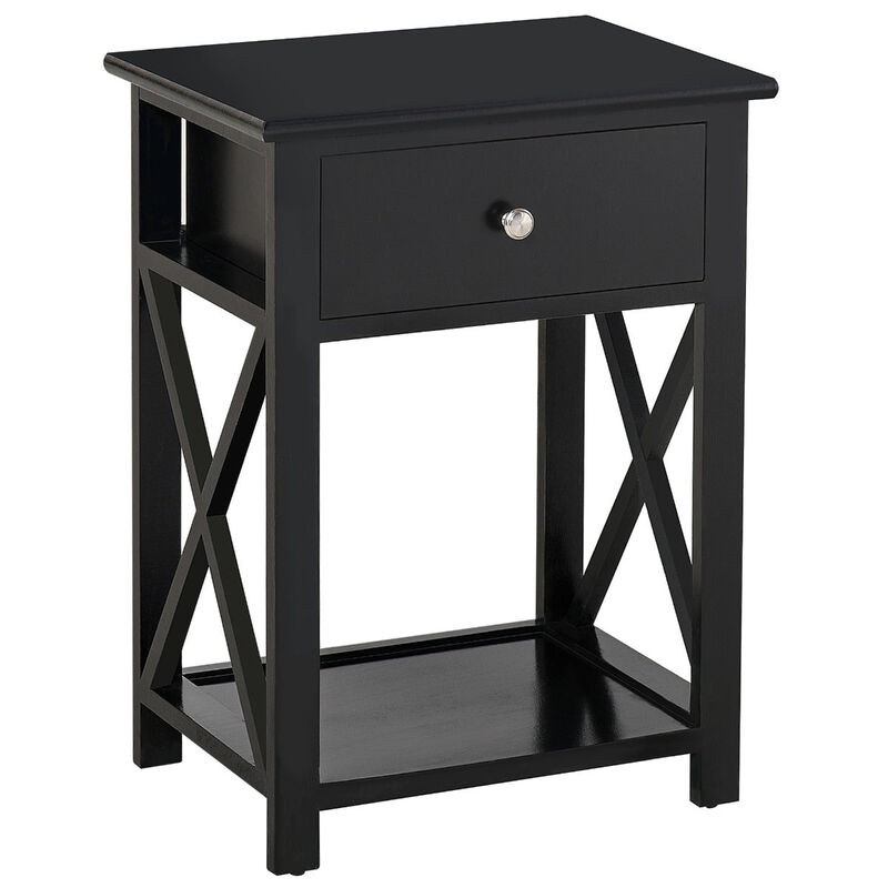 Elegant Bedside Storage: Black X-Frame Wood Nightstand with Drawer
