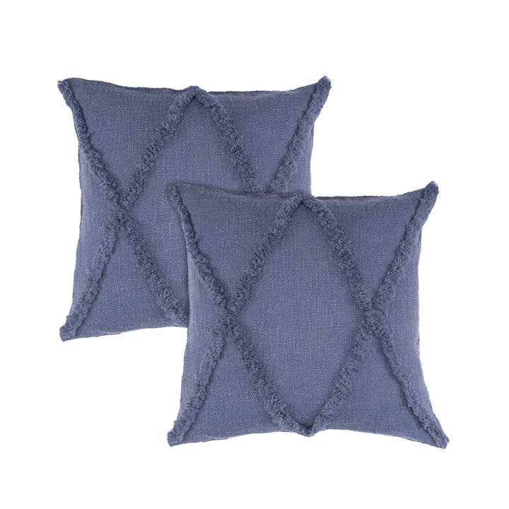 HomeRoots Set of Two Blue Diamond Cotton Throw Pillow With Fringe