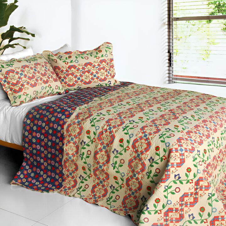 Lightweight 3PC Cotton Quilt Set Queen Size with Printed Quilted Pattern-Red