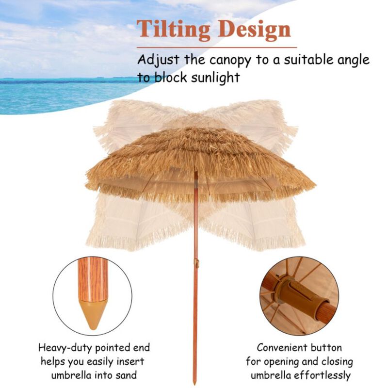 Hivvago 6.5 Feet Portable Thatched Tiki Beach Umbrella with Adjustable Tilt