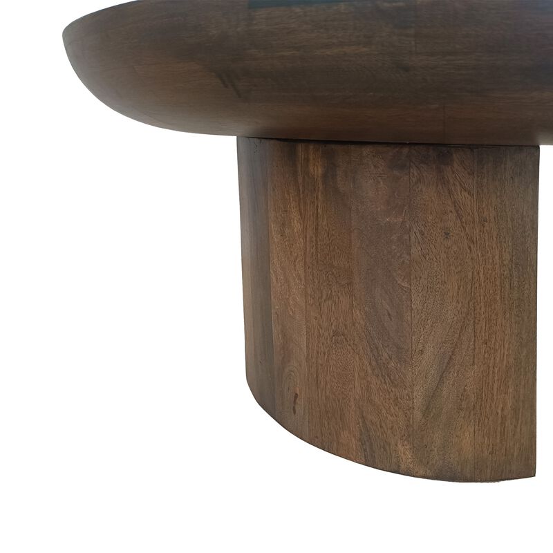35 Inch Coffee Table, Handcrafted Round Mango Wood Top, Modern Curved Tripod Legs, Walnut Brown