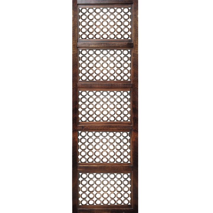 Decorative Mango Wood Wall Panel with See Through Circular Pattern, Brown-Benzara