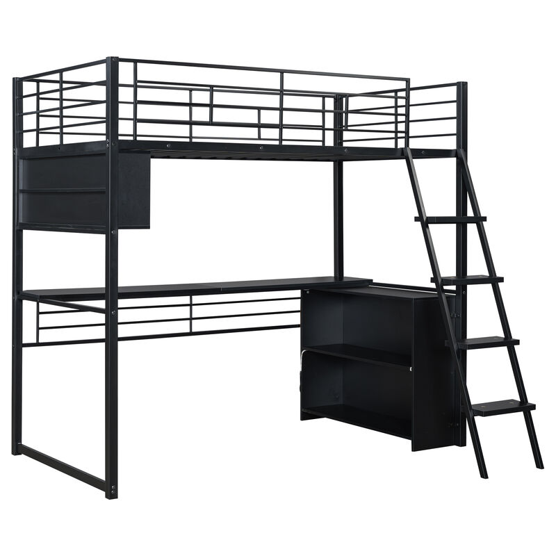 Merax Metal Loft Bed with LED, Desk and 4 Storage Shelves