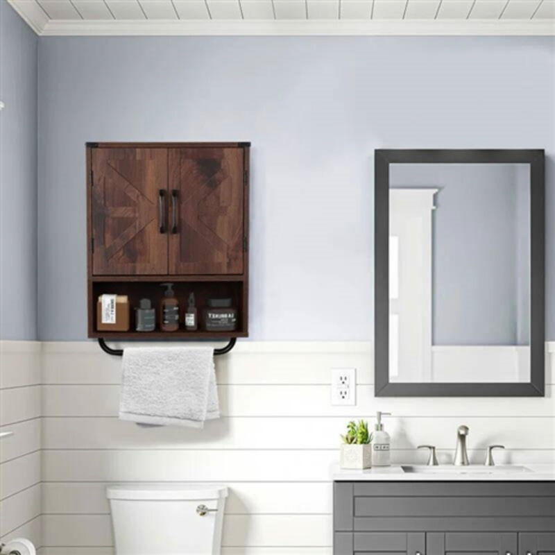 Wall-Mounted Bathroom Cabinet with Shelf & Bar – Farmhouse Style