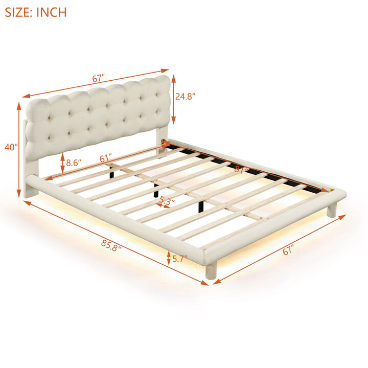 Queen Size Velvet Platform Bed with LED Frame, Thick Soft Fabric and Buttontufted Design Headboard, Beige