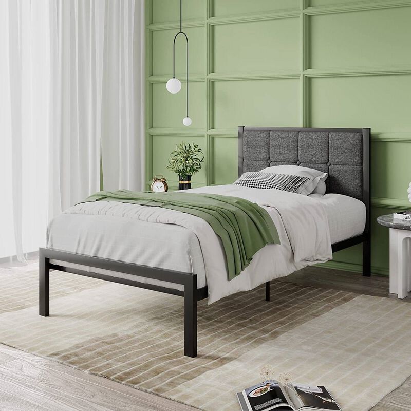 Hivvago Twin Metal Platform Bed Frame with Gray Button Tufted Upholstered Headboard